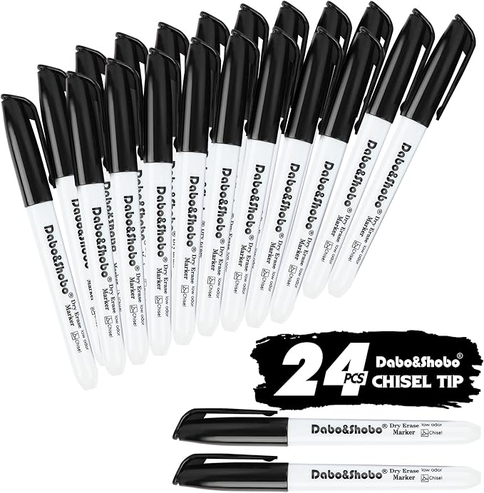 Dabo&Shobo Dry Erase Markers 24 Pack, Low Odor Black Whiteboard Markers, Chisel Tip, Perfect for Writing on Whiteboard Mirrors Glass In School, Office&Home…-DeskLoop Office