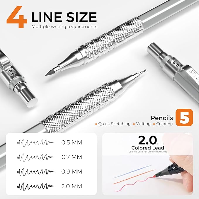 Four Candies Metal Mechanical Pencil Set, 3PCS Art Drafting Pencils 0.5, 0.7, 0.9MM & 2PCS 2MM Mechanical Drawing Pencils with 420PCS Leads (4B 2B HB 2H Color) for Writing Sketching Drawing (Silver)-DeskLoop Office