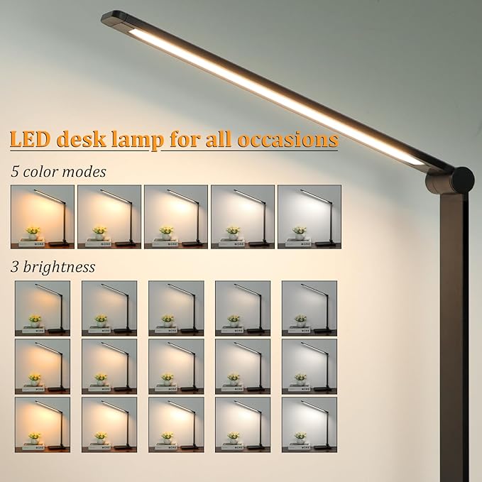 LED Desk Lamp with USB Ports,Touch Desk Lamps for Home Office with 5 Color Modes,3 Brightness Desk Light with Small Night Light,Reading Lamp Table Lamp for Bedroom Bedside Study Black (with adapter)