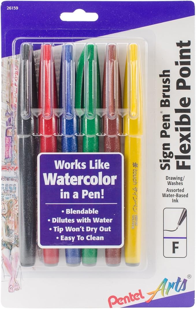 Pentel Arts Sign Pen Touch, Fude Brush Tip, Assorted Colors, Pack of 6 (SES15CBP6M)-DeskLoop Office