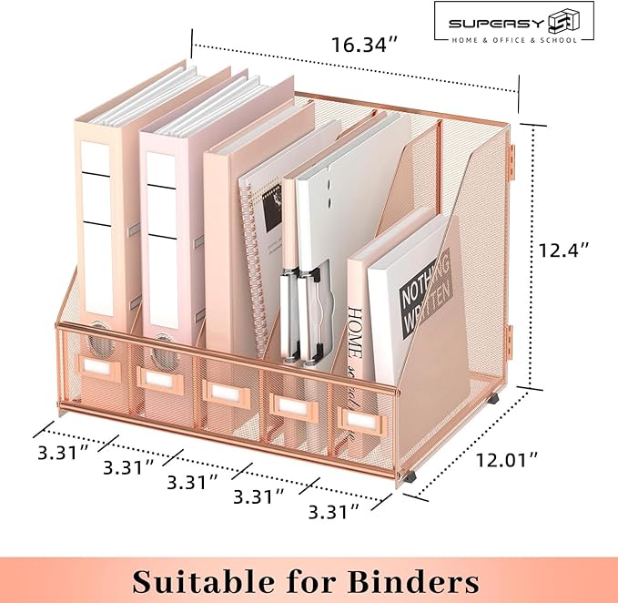 SUPEASY Desk Organizers Metal Desk Magazine File Holder with 5 Vertical Compartments Rack File Organizer for Office Desktop, Home Workspace, Rose Gold, Plus-DeskLoop Office