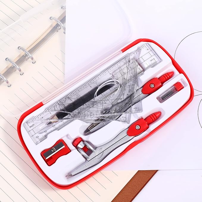 Math Geometry Kit Sets 10 Piece Student Supplies with Shatterproof Storage Box,Includes Rulers,Protractor,Compass,Eraser,Pencil Sharpener,Lead Refills,Pencil,for Drafting and Drawings(Red)