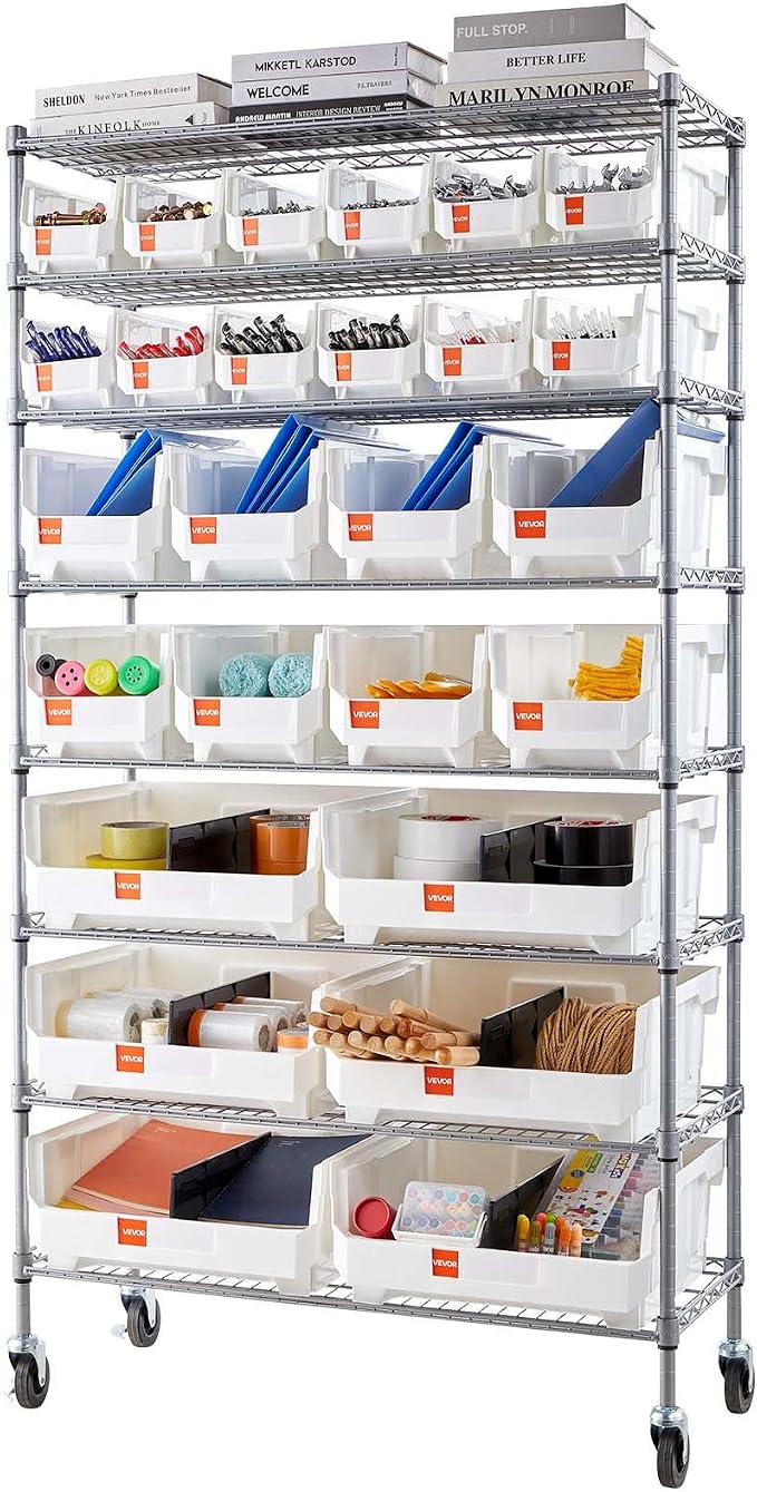 VEVOR 8-Tier Rolling Bin Storage Rack, 26 Organizer Bins, Bin Rack Storage - Image 9