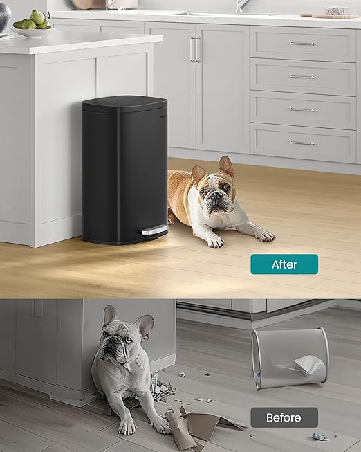 SONGMICS 13 Gallon (50 L) Trash Can, Stainless Steel Kitchen Garbage Can, Recycling or Waste Bin, Soft Close, Step-On Pedal, Removable Inner Bucket, Black ULTB050B01-DeskLoop Office