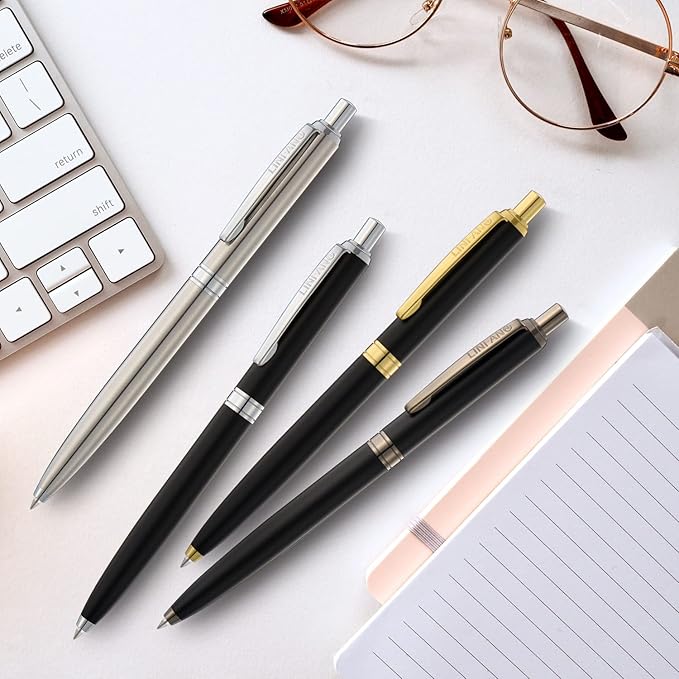 LINFANC 4 Pack Ballpoint Pens, Premium Retractable Metal Ballpoint Pen, Matte Black with Gold Trim, Medium Point 1.0mm Black Ink Pen for Home School Work Office Supplies, Extra 4 Refills-DeskLoop Office
