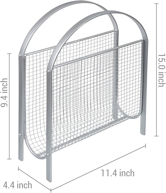 MyGift Mid-Century Design Magazine Rack, Matte Black Tone Metal Mesh Freestanding Magazine Organizer Holder Sling (Silver)-DeskLoop Office