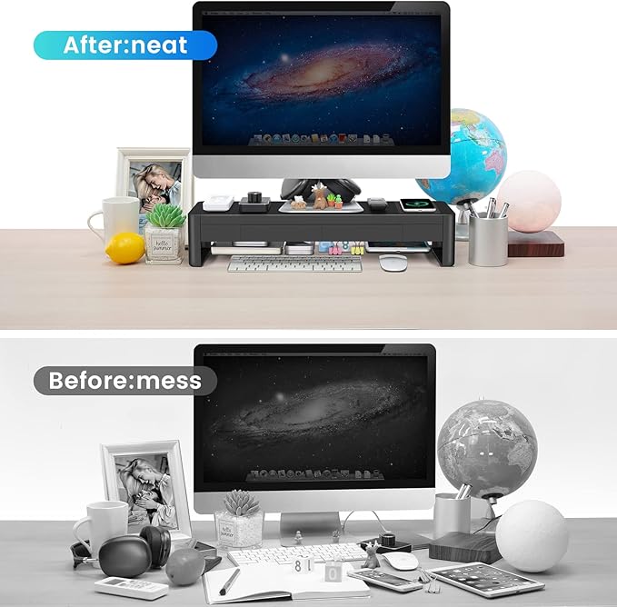 meatanty 3 In 1 Monitor Stand Riser with 2 Drawers,1 Wireless Charging Module and 4 USB Ports,Metal Computer Stand Support Transfer Data & Charging,Desk Organizer for PC,iMac (21 inches)-DeskLoop Office