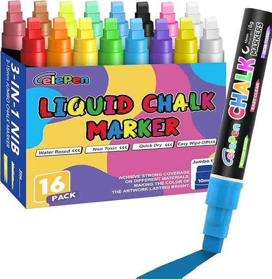 Window Chalk Markers for Cars Glass Washable, 16 Colors Jumbo Liquid Chalk Marker Pens with 10mm 3 in 1 Nib Wide Tips, Big Chalkboard Markers Car Window Paint Pens for Auto, Bistro, Mirror, Poster-DeskLoop Office