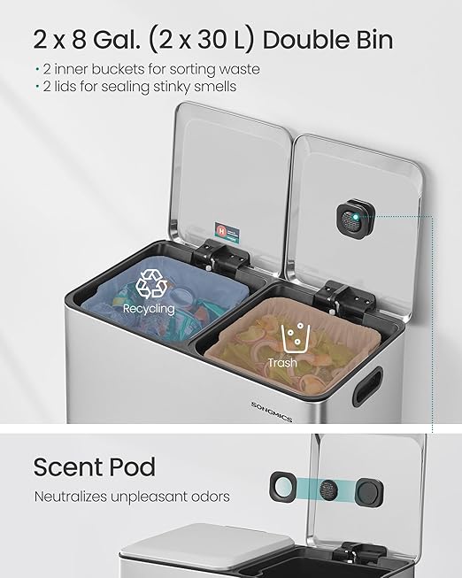 SONGMICS Trash Can, 2 x 8 Gallon (2 x 30 L) Double Garbage Can with Soft-Close Lids, Removable Inner Buckets, Pedals, Stainless Steel, for Waste and Recycling, Metallic Silver ULTB743E01-DeskLoop Office