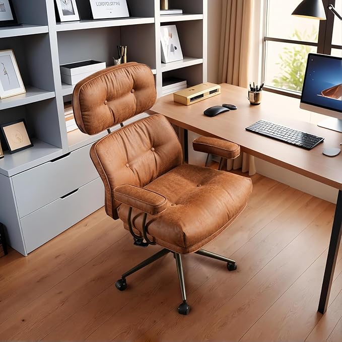 Faux Leather Executive Office Chair - Big and Tall Ergonomic Home Office Chair,Reclining Computer Desk Chairs with Lumbar Support,Adjustable Swivel Rolling PC Chairs with Wheels,Suede,Brown-DeskLoop Office