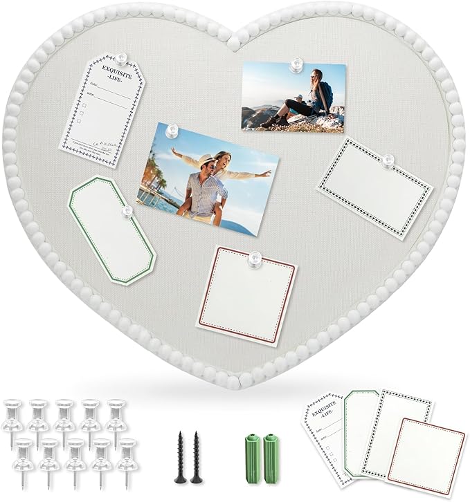 Large Heart Cork Bulletin Board with Linen, 24x19 Inch White Wood Frame Cute Picture Pin Board, Decorative Vision Board for Home Office, Study, Bedroom and Dormitory-DeskLoop Office