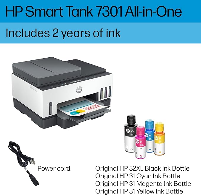 HP Smart Tank 7301 Wireless All-in-One Refillable Ink Tank Printer, Scanner, Copier with 2 years of ink included, Best for home office(28B70A)-DeskLoop Office
