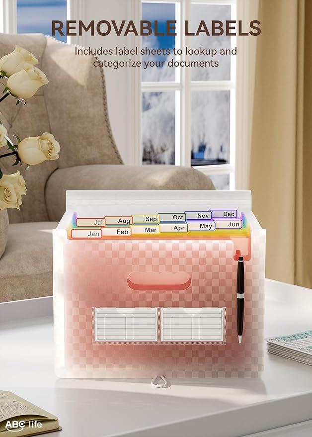 ABC life 12 Pockets Accordion File Organizer Expanding File Folders, Portable Monthly Bill Receipt Document Organizer, Expandable Accordian Filing Folder Letter A4 Size, Colored Tabs (Pink)-DeskLoop Office
