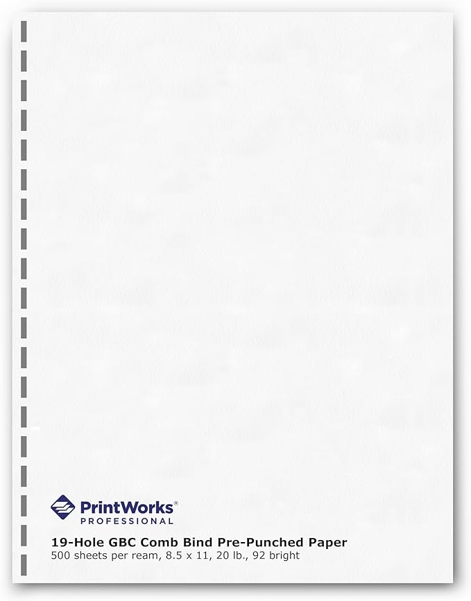 PrintWorks Professional Prepunched Paper, 8.5 x 11, 20 lb, GBC CombBind 19-Hole Punched Report & Presentation Paper, 500 Sheets, White (04328)