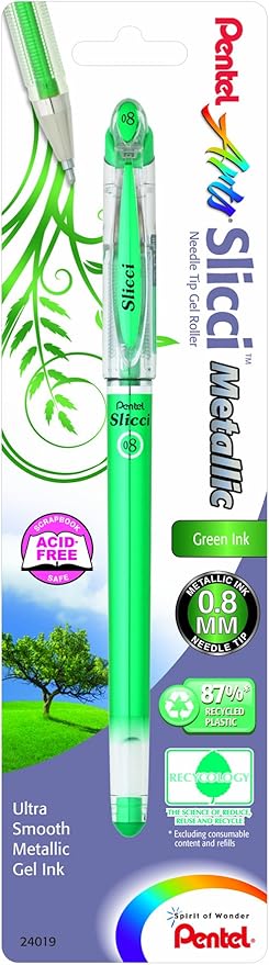 Pentel Arts Slicci Metallic 0.8 mm Needle Tip Gel Pen, Metallic Green Ink, 1 Pack (BG208BPMD)-DeskLoop Office