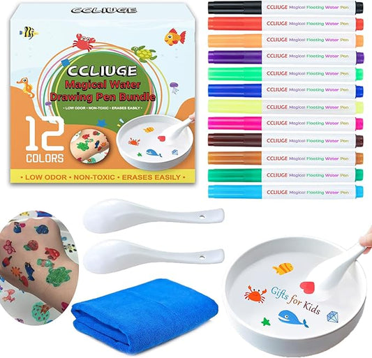 Kiddies Create Magical Floating Drawings Bundle, 12 Colors Magic Drawing Pens for Kids Water, Magical Water Painting Pen Set with Spoons & Towel, Water Art Markers for Tattoo, Gifts for Boys & Girls-DeskLoop Office