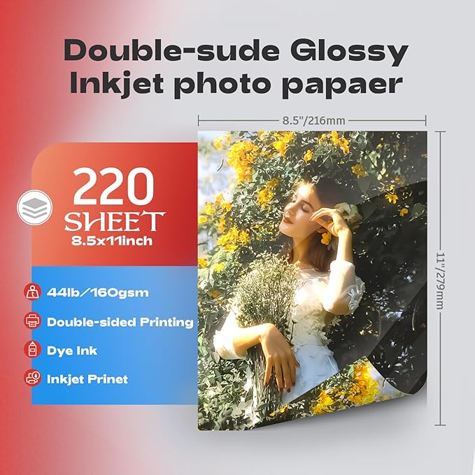 220Sheets Double Sided Photo Paper Glossy Brochure Flyer Paper Inkjet 8.5x11 44lb 160gsm Letter Size for All Dye Ink Printers-DeskLoop Office