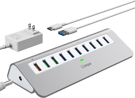 Powered USB Hub 10Gbps, 10 Port USB 3.1 Gen 2 Hub with 7 USB 3.1 Data Ports, 3 Fast Charging Ports, 36W Power Adapter, Type A and Type C Cable, Aluminum USB Data Hub for Mac, PC, Laptop-DeskLoop Office