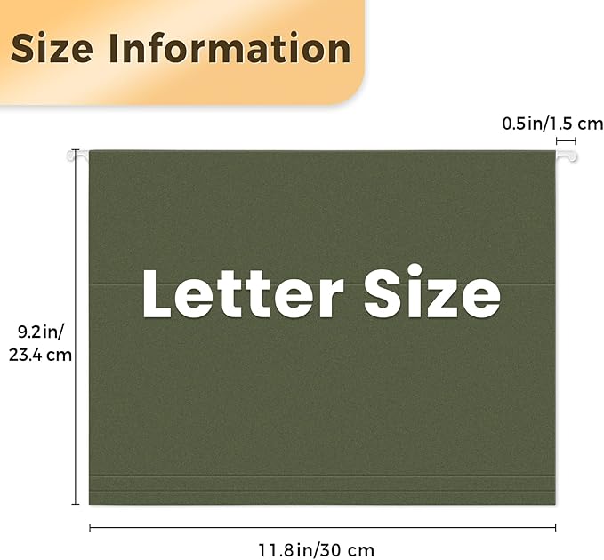 SUNEE Hanging File Folders, 25 Pack Reinforced Hang Folders Letter Size, Adjustable 1/5-Cut Tabs, Designed for Bulky Files, Filing Cabinet, Standard Green-DeskLoop Office