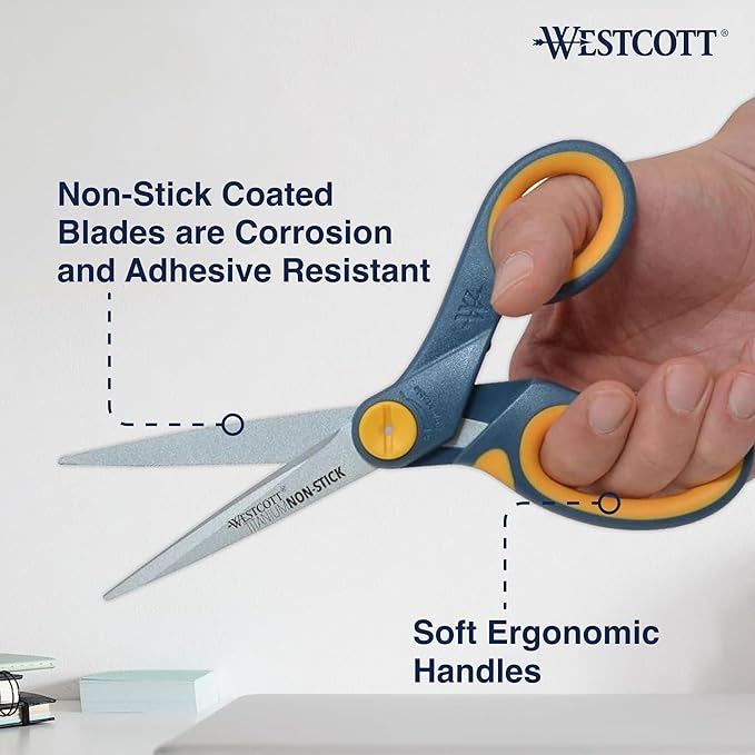Westcott 17597 8-Inch Non-Stick Titanium Scissors For Office and Home, Blue/Gray, 6 Pack