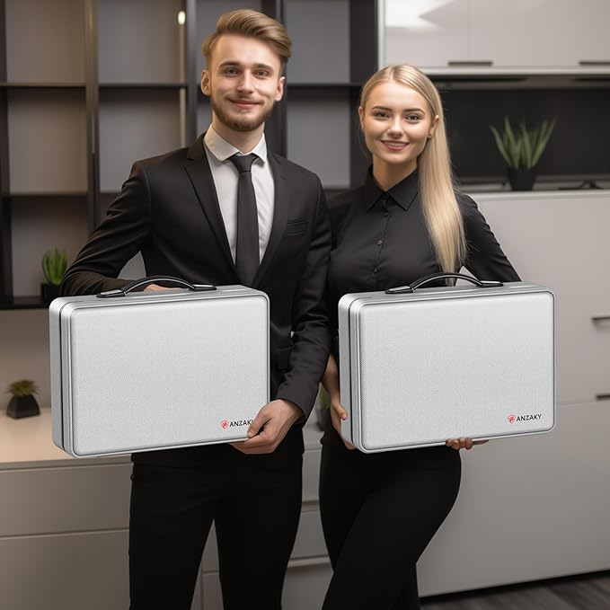 Fireproof Document Box with Fireproof Zipper, Hard Inner Shell Fireproof Document Bag with Lock, Fireproof Water Resistant Important Document Organizer 16 inch Laptop File Briefcase (Silver)-DeskLoop Office