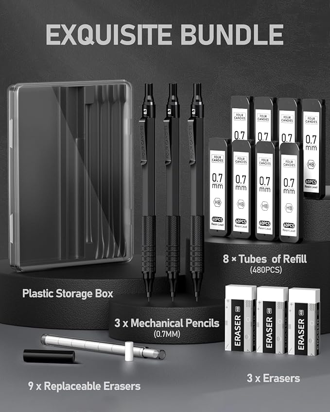 Four Candies Mechanical Graphite Pencil Set, 3pcs Black Metal Pencils with Anti-Skid Grip, Ideal for Artists, Professionals, Teachers and Students-DeskLoop Office
