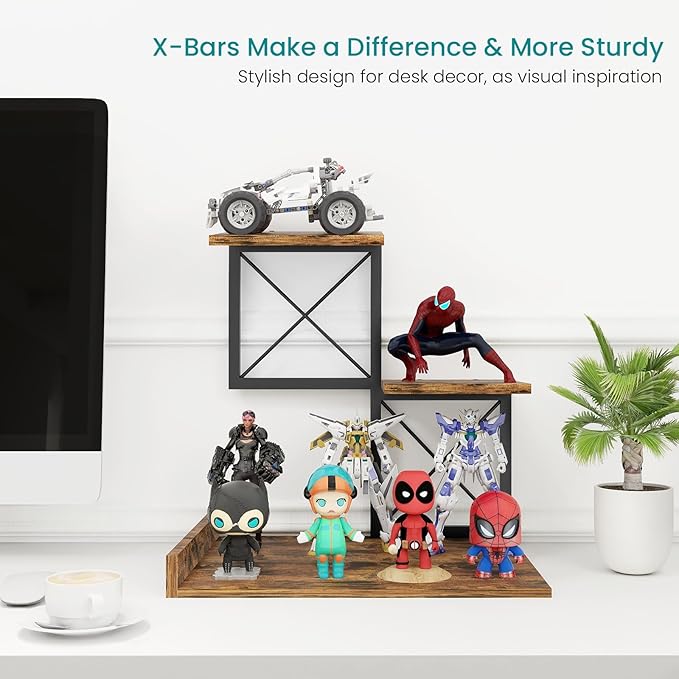 ELITEROO Desk Shelf Organizer, Wood Desktop Organizer Small Bookshelf, 3 Tier Storage Shelf Riser Display Stand for Office Decor and Desk Accessories, Rustic Brown Black-DeskLoop Office