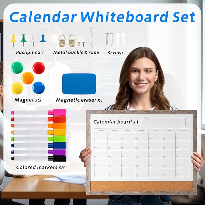 Dry Erase Calendar Whiteboard, 17" x 13" Magnetic Whiteboard Cork Board Combo, Reusable Monthly Planner with 8 Markers, Eraser, Magnets and Push Pins to Hang Dry Erase Board for Home, School - Gray-DeskLoop Office