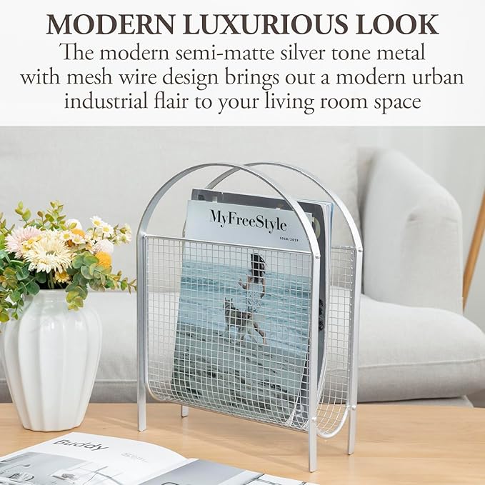 MyGift Mid-Century Design Magazine Rack, Matte Black Tone Metal Mesh Freestanding Magazine Organizer Holder Sling (Silver)-DeskLoop Office