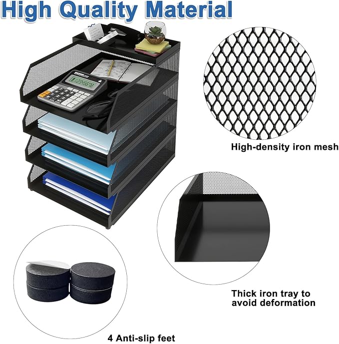 Natwind 4-Tier Stackable Paper Tray, Metal Mesh Desktop Organizer, Paper Sorter, Letter Trays,File Document Storage Rack for for Home, Office, School (Black)-DeskLoop Office