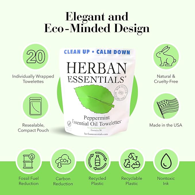 Herban Essentials - Peppermint Wipes & Towelettes - Essential Oil Wipes for Hands & Body - Travel Size Essentials and Toiletries - Natural, Individually Wrapped, Disposable & Moist Refresh (20 count)-DeskLoop Office