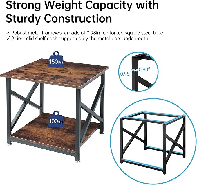 Large Printer Stand, 23.6 x 23.6 x 22.6 Inches Square Printer Table with Storage Shelf, 2 Tier Rolling Printer Cart with Industrial Wheels for Home Office - Rustic Brown-DeskLoop Office