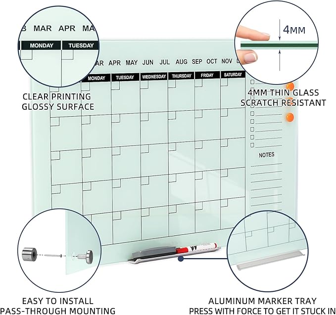TSJ OFFICE Glass Calendar Whiteboard - 36 x 24 Inches Wall Mounted Monthly Dry Erase Calendar for Wall, Large Magnetic Glass White Board for Office, Home & School-DeskLoop Office