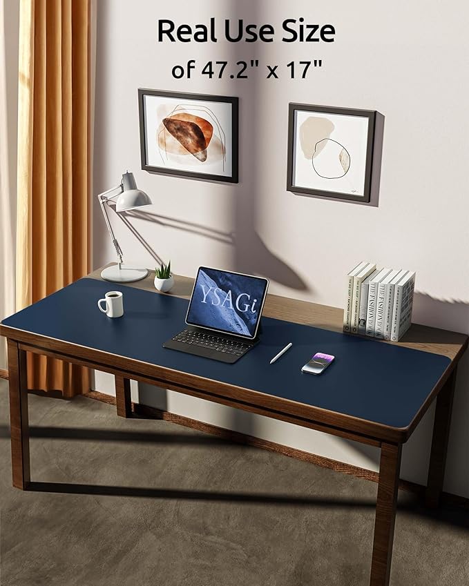 YSAGi Leather Desk Pad Protector, Office Desk Mat, Large Mouse Pad, Non-Slip PU Leather Desk Blotter, Laptop Desk Pad, Waterproof Desk Writing Pad for Office and Home (Dark Blue, 47" x 17")-DeskLoop Office