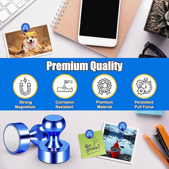 Strong Whiteboard Magnets, Small Magnetic Push Pins for Refrigerator, Circle Blue Metal Neodymium Magnet for Office, Kitchen, Crafts, Bulletin Board, Locker Accessories, Shopping List-DeskLoop Office