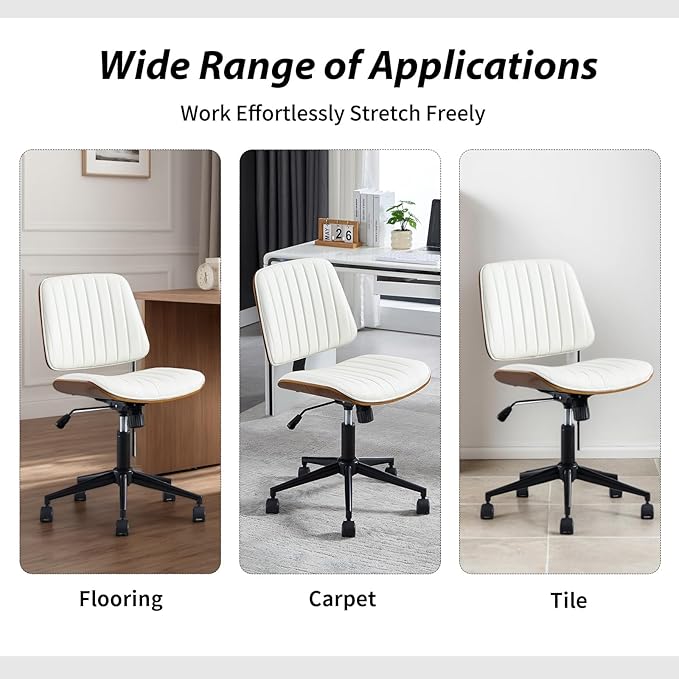 Small Home Office Chair - Armless Mid Back Desk Chair with 360° Swivel and Wheels, PU Upholstered Height Adjustable Modern Walnut Computer Chair for Home, Office Meeting Room - Black-DeskLoop Office