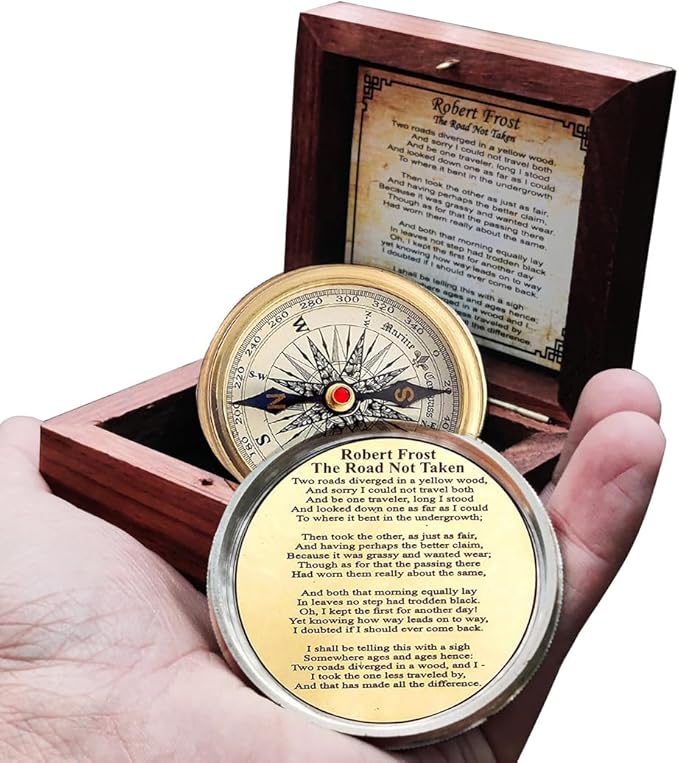 Antiqued Brass Robert Frost Poem Compass with Wooden Box, Inspirational Gifts for Woman, Aniversity Gifts for Men,Engraved Compass,Wedding for Boys, Pocket Compass for Hiking Survival-DeskLoop Office