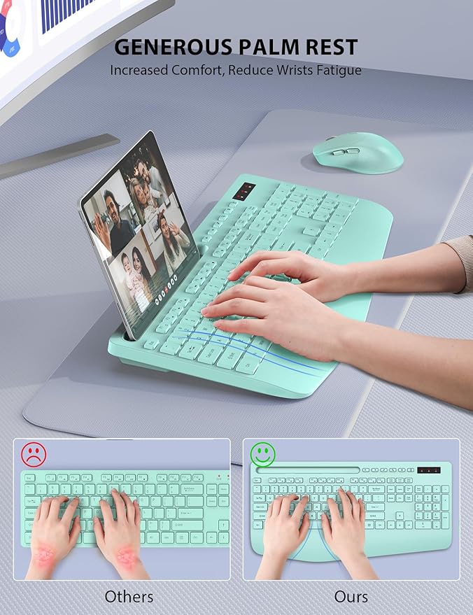 Wireless Keyboard and Mouse Combo - Full-Sized Ergonomic Keyboard with Wrist Rest, Phone Holder, Sleep Mode, Silent 2.4GHz Cordless Keyboard Mouse Combo for Computer, Laptop, PC, Mac, Windows (Green)-DeskLoop Office
