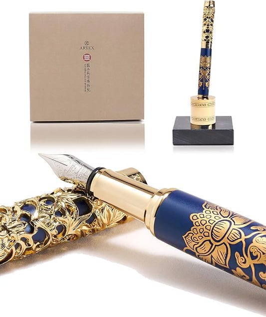 Luxury Fountain Pen Set With Stand - Museum Art Collections - Crafting Timeless Beauty - the Best Gift & Office Desk Decor, German SCHMIDT Fine Nib, Solid Metal & Marble Texture-DeskLoop Office