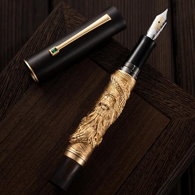 Hongdian N24 Fountain Pen Extra Fine Nib, Golden Dragon Stereoscopic Carving with Red Wood Design-DeskLoop Office