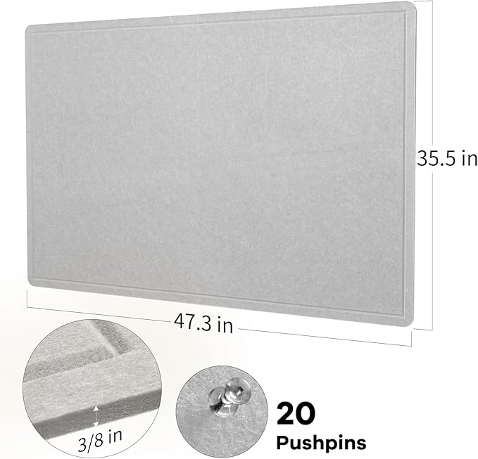 Large Bulletin Board - 48 x 36 Inches, Decorative Felt Pin Board for Wall - 4' x 3' Foldable Photo Display Board with Self-Adhesive Tape, Includes 20 Push Pins - Light Gray