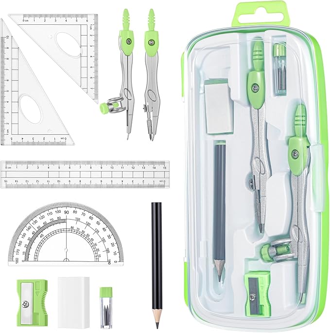 Zonon Math Geometry Set 10 Pcs Student Supplies with Shatterproof Storage Box, Includes Rulers Protractor Compass Pencil Sharpener Lead Refills Eraser Pencil for Drafting and Drawings(Green)-DeskLoop Office