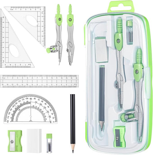 Zonon Math Geometry Set 10 Pcs Student Supplies with Shatterproof Storage Box, Includes Rulers Protractor Compass Pencil Sharpener Lead Refills Eraser Pencil for Drafting and Drawings(Green)-DeskLoop Office