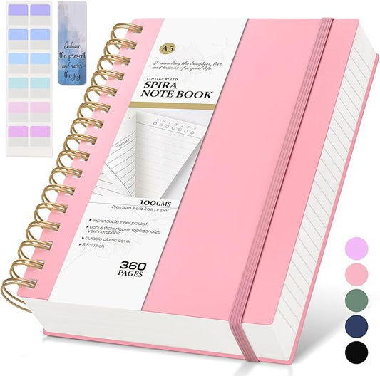 Pink Spiral Notebook Journal,360 Pages College Ruled Notebook, Lined Thick Journals for Women Men,A5 Thick Spiral Journal for Writing,100GSM Paper, Spiral Notebooks for Work School 5.5"x8.5"-DeskLoop Office