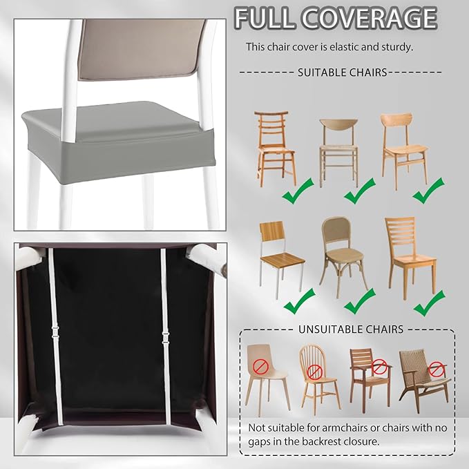 CWK Waterproof PU Leather Dining Chair Covers Set of 4-Stretchable Chair Seat Slipcovers, Removable & Washable Protector for Dining Room,Home,Office,Wedding,Rear Covers (PU-Silver)-DeskLoop Office