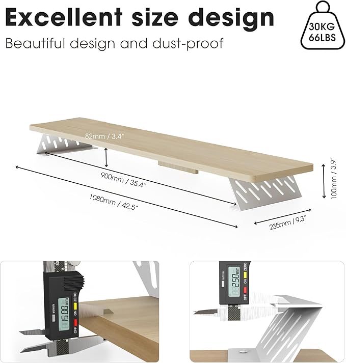 Fenge Dual Monitor Stand Riser, 42.5 Inch Desk Top Shelf for 2 Monitors, Computer Stands for Desk, Wood & Steel Desktop Riser for Laptop, PC, Printer-DeskLoop Office