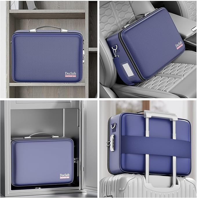 DocSafe Fireproof Document Box with Lock&Shoulder Strap,Hard Case File Organizer with Accordion File Folder,Multi-Layer Portable Home Office Travel Safe Storage for Important Documents Laptop Blue-DeskLoop Office