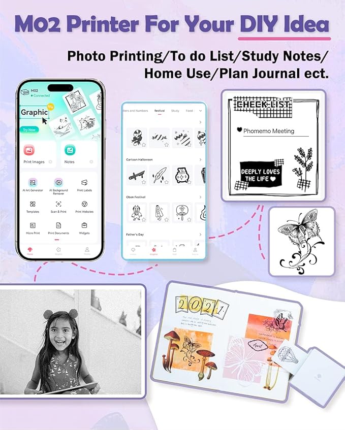 Phomemo Mini Sticker Printer- Mini Printer Sticker Maker Machine M02, Print Pods Suitable for Creative DIY, Diaries, Photos, Study Notes, Portable Thermal Inkless Label Maker for Home/Travel, White-DeskLoop Office