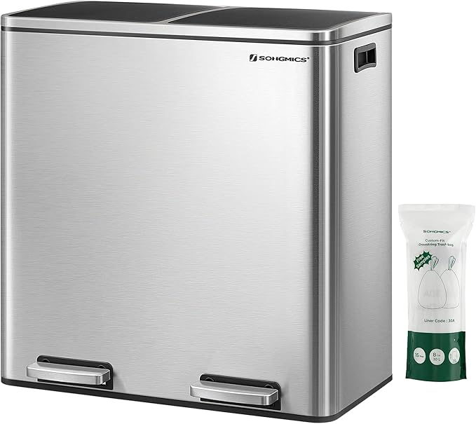 SONGMICS Trash Can, 2 x 8 Gallon (2 x 30 L) Garbage Can for Kitchen, with 15 Trash Bags, 2 Compartments, Plastic Inner Buckets and Hinged Lids, Airtight, Silver and Black ULTB60NL-DeskLoop Office