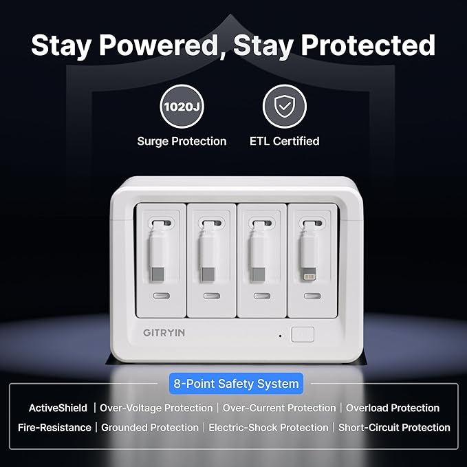 12-in-1 Desktop Charging Station with 3 Retractable Type-C Chargers and 1 Lightning Charger, 40W USB-C Power Strip with 31.5in Cable, Extension Cord with 1020J Surge Protection for Home Office-DeskLoop Office